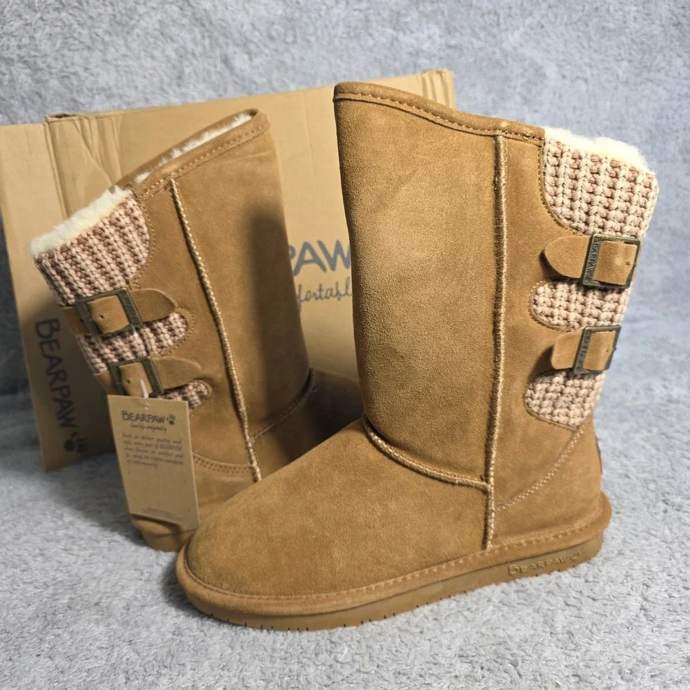 Bearpaw Boshie Suede Mid Calf Snow Boots Sheepskin Lined Winter Booties Sz 8 NEW